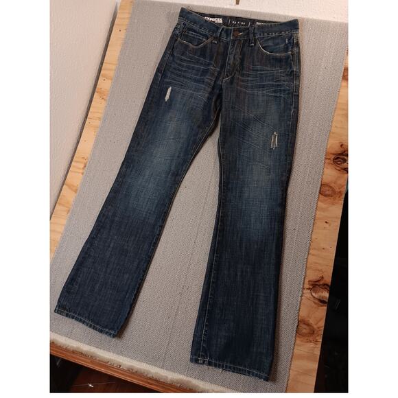 Express Jeans Rocco Mens 33X34 Dark Wash Slim Boot Cut Distressed Street - Picture 5 of 16